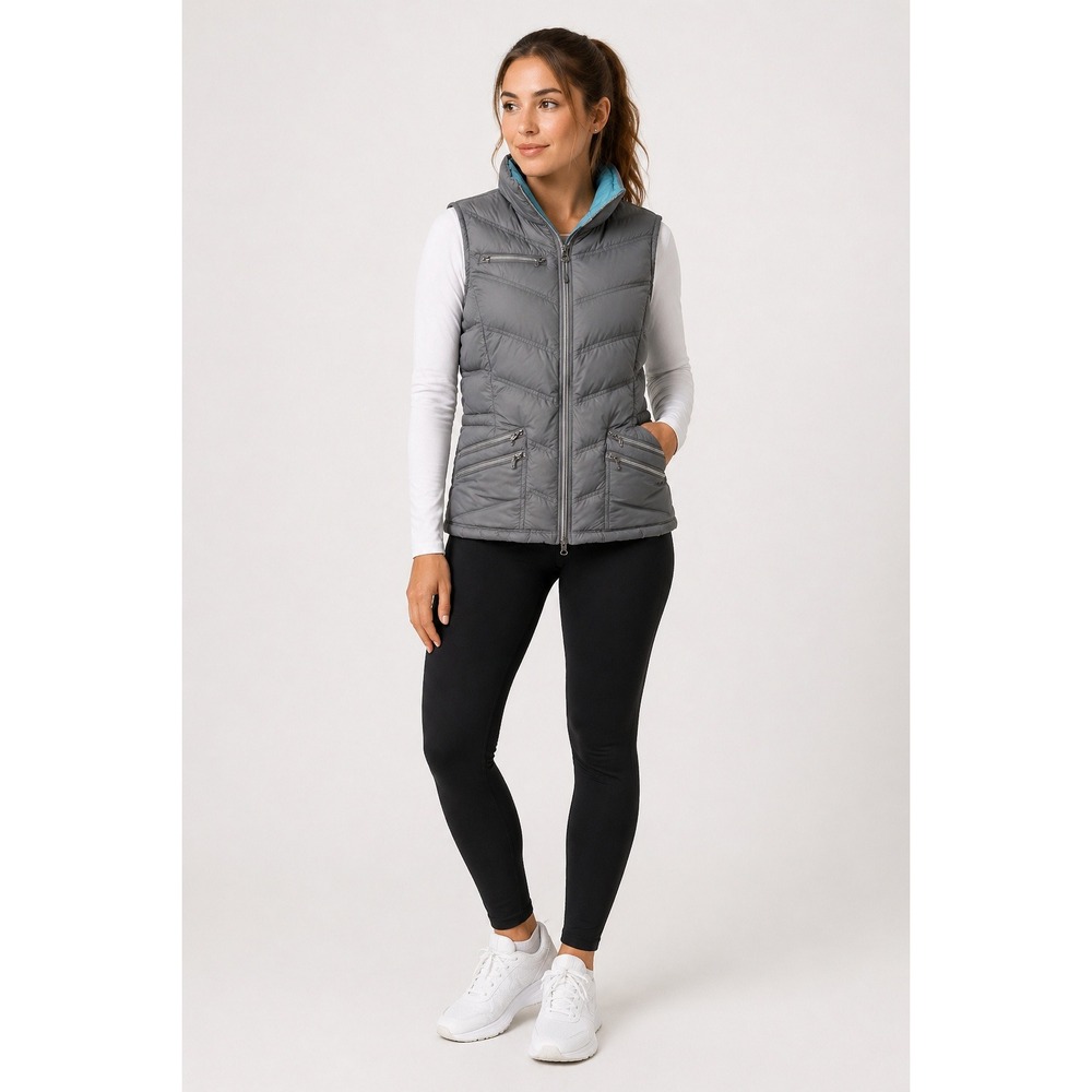 Athleta Full Zip Quilted Puffer Vest Womens Medium Gray Nylon Goose Down Pockets